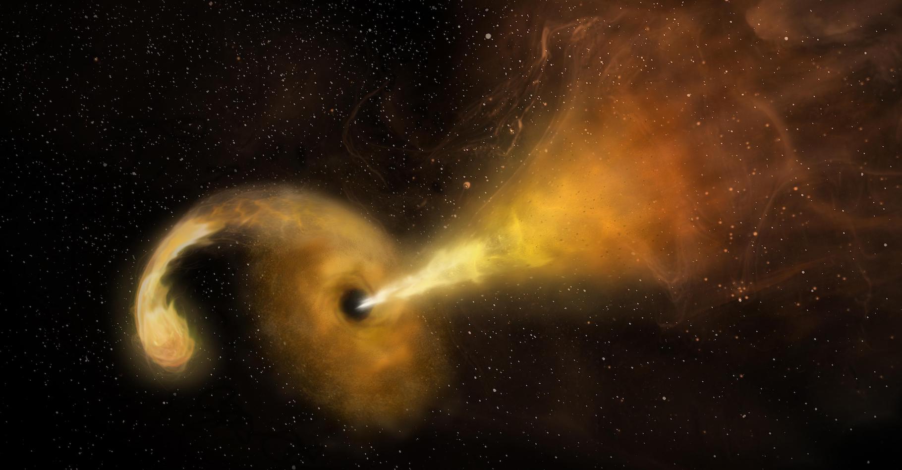 Lorsqu’une étoile passe trop près d’un trou noir, il se produit ce que les scientifiques appellent un événement de perturbation ou de rupture par effet de marée. C’est peut-être ce qui a provoqué l’apparition du transitoire baptisé J221951. © NRAO, AUI, NSF, Nasa