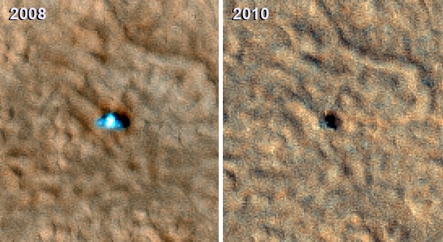 Les images de Phoenix prises par l'orbiteur MRO montrent la détérioration des panneaux solaires à la sortie de l'hiver martien. Crédit : Nasa/ JPL-Caltech/ University of Arizona