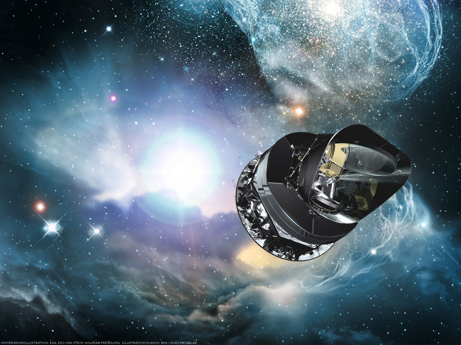 Une vue d'artiste du satellite Planck. Crédit : Esa, ESO, STECF, Wolfram Freudling-Esa / AOES Medialab