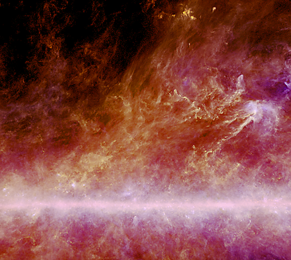 En additionnant les images des poussières galactiques froides déjà données par la mission IRAS, en 1983, à celles données par Planck on obtient cette image, correspondant au cadre rouge de la figure 1. Les tons rougeoyants indiquent des températures jusqu'à 12° au-dessus du zéro absolu et les tons blancs jusqu'à des dizaines de degrés au-dessus du zéro absolu (ce sont les lieux de formation d'étoiles massives). On voit un voisinage du Système solaire avec le plan galactique jusqu'à 500 années-lumière environ. Crédit : ESA-HFI Consortium, IRAS