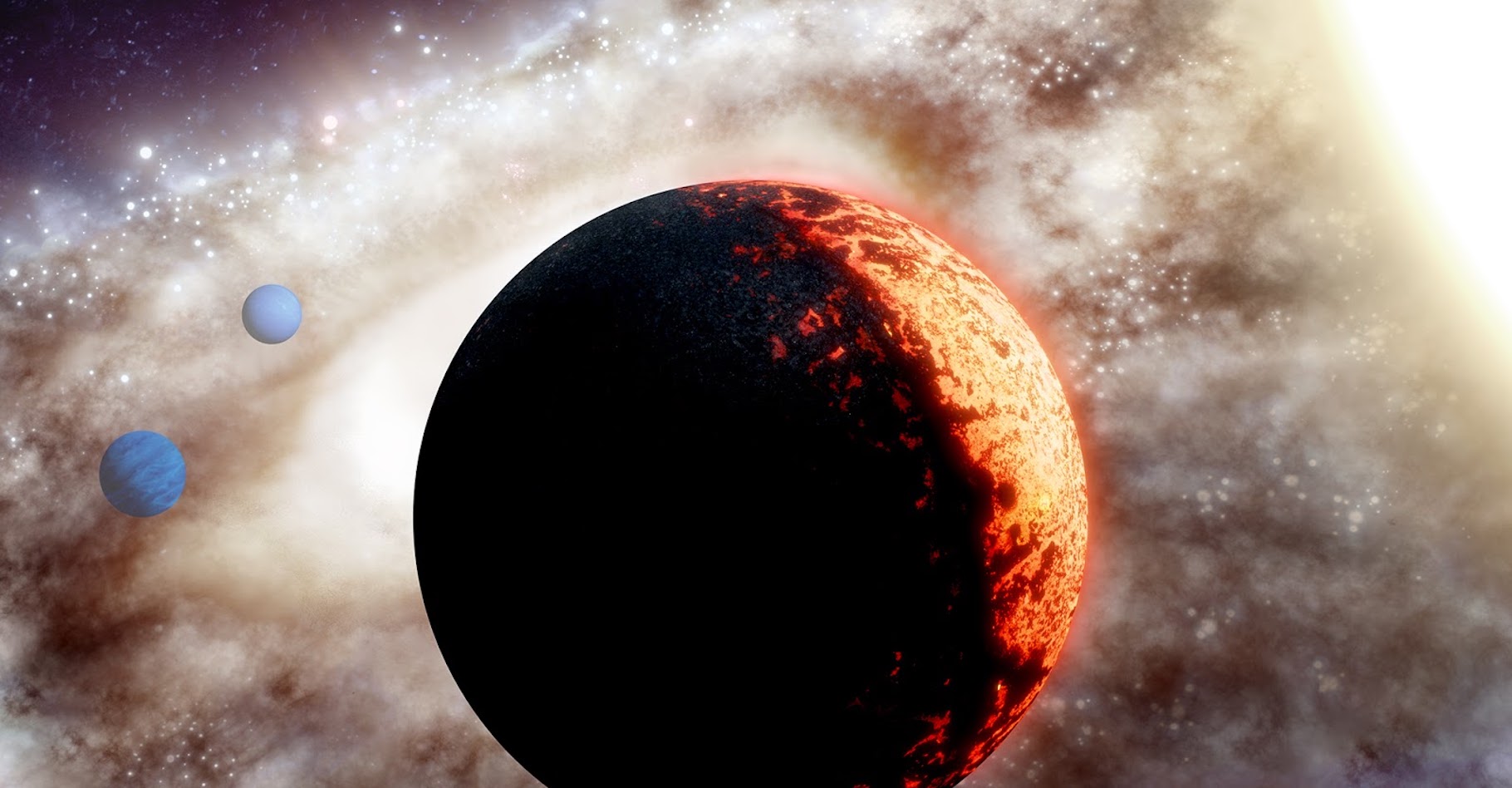 Avec TOI-561b — ici en vue d’artiste, accompagnée des deux planètes géantes qui composent aussi son système —, les astronomes ont désormais la preuve que des planètes rocheuses ont pu se former très tôt dans l’histoire de l’Univers. © Adam Makarenko, W. M. Keck Observatory
