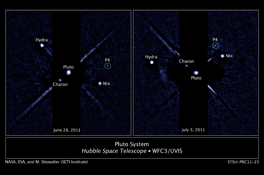Le télescope spatial Hubble a suivi le déplacement des satellites de Pluton sur plusieurs jours, dont un nouveau venu provisoirement baptisé P4. © Nasa/Esa/M. Showalter (Seti institute)