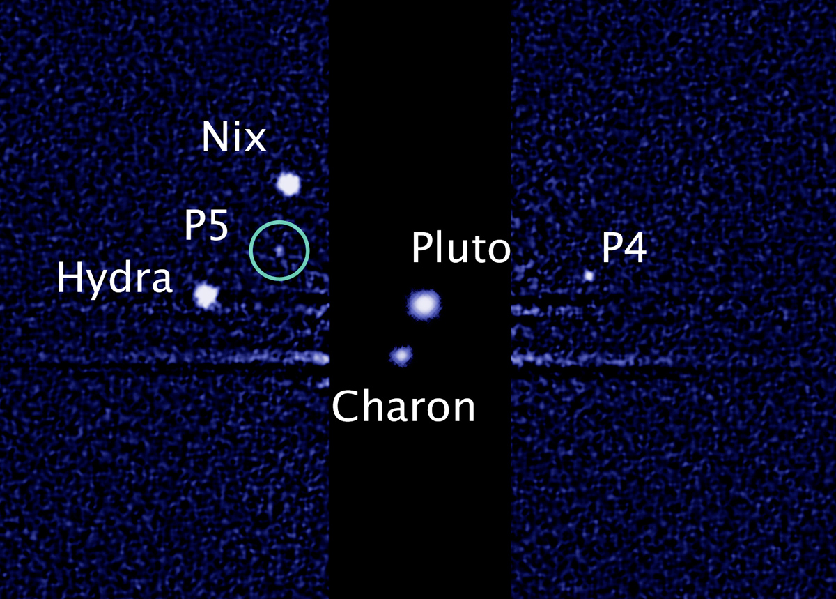Les internautes sont invités à choisir un nom à P4 et P5, les derniers satellites découverts autour de la lointaine planète naine Pluton. © Nasa, Esa, M. Showalter, Seti Institute