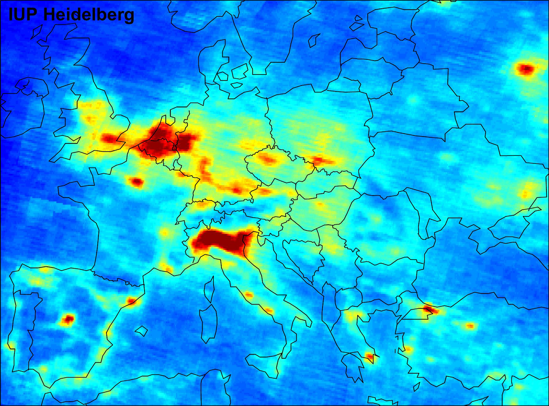 Carte mondiale du dioxyde d'azote, taux de NO2 sur l’Europe. Crédits ESA.