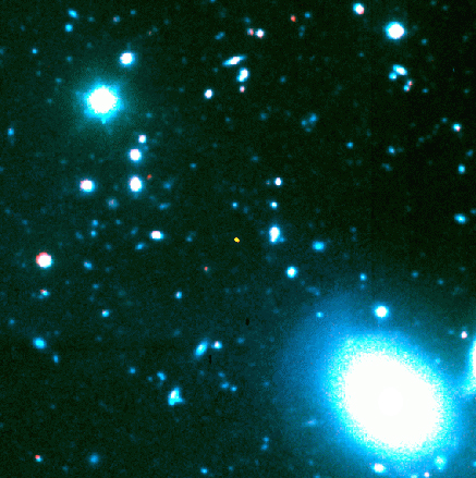 Image du quasar J1148+5251 prise avec le télescope Keck de 10 m (le point jaune). Tous les autres objets de l'image sont beaucoup plus proches. Crédit : Keck.S.G. Djorgovski, A. Mahabal et M. Bogosavljevic, Caltech