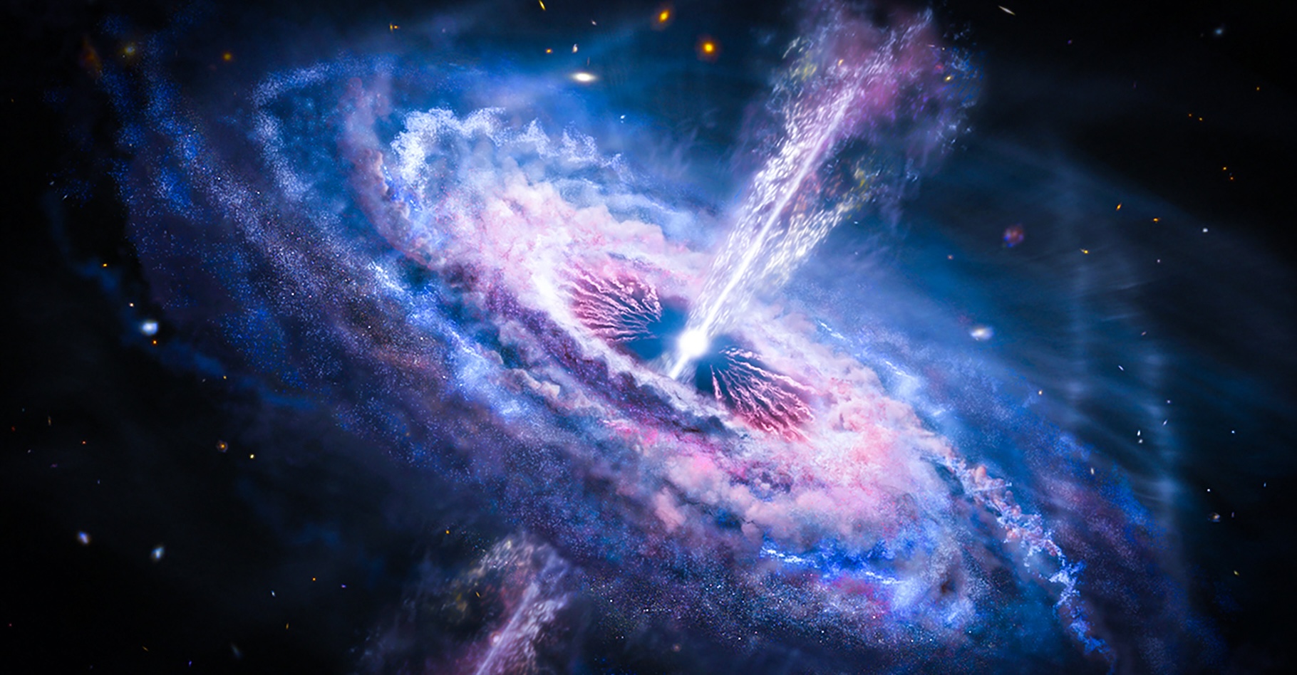 Grâce aux données de la mission Gaia, des chercheurs de l’université de New York (États-Unis) ont construit une carte qui recense environ 1,3 million de quasars comme celui que nous propose cette vue d’artiste. © Blue, Adobe Stock