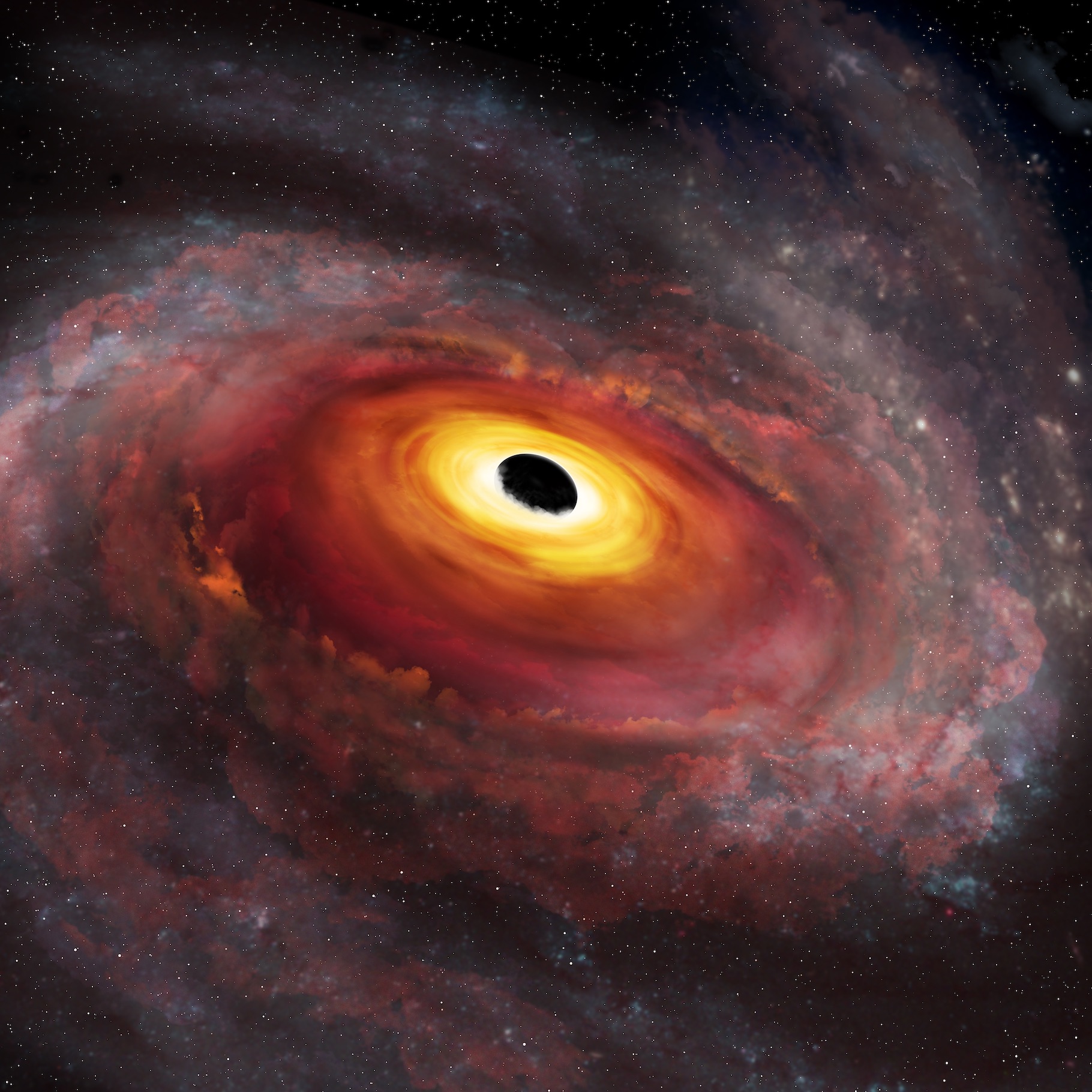 Une vue d'artiste d'un trou noir supermassif en rotation avec son horizon des événements. © International Gemini Observatory/NOIRLab/NSF/AURA/P. Marenfeld