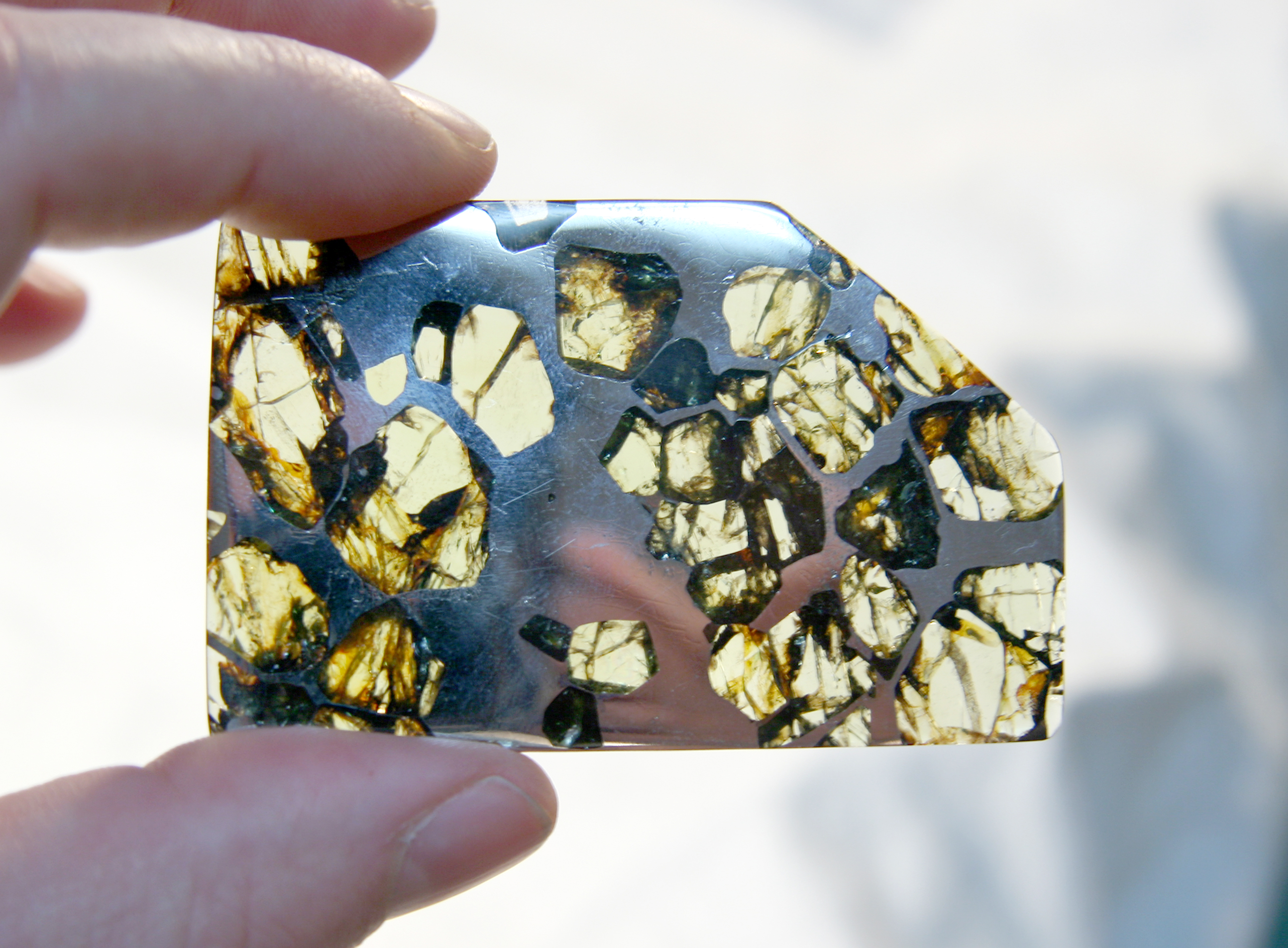 Comment reconnaître une météorite ? Ici, un fragment de la météorite Esquel. Il s'agit d'une pallasite trouvée en 1951 dans la province de Chubut, en Argentine. © Doug Bowman, Wikimedia Commons, CC by 2.0