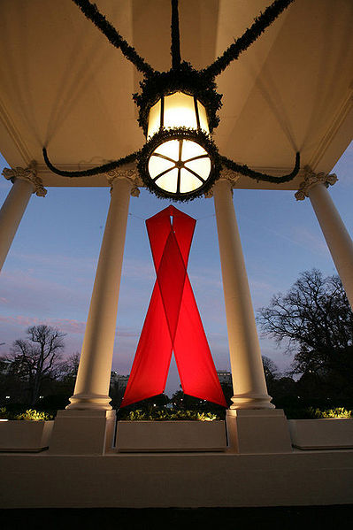 Ruban rouge sur la façade de la Maison Blanche à Washington. - © Commons Wikimedia: Eric Draper