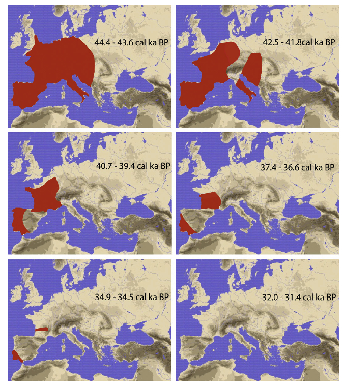 Les régions occupées par Néandertal à différentes époques en Europe sont en rouge. BP signifie Before present donc avant aujourd'hui. © Actualisée d'après Bocquet-Appel and Demars, 2000