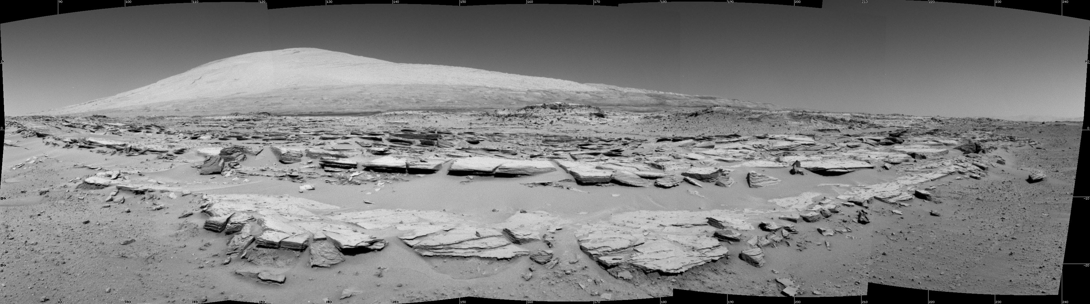Magnifique panorama à 160° réalisé par la caméra de navigation (Navcam) de Curiosity, au 548e jour de sa mission. L’image (projection cylindrique) est centrée sur la direction sud-sud-est. Au premier plan, on distingue les feuillets de roches du site Junda où le rover s’est arrêté durant quelques heures, le 19 février. Haut de 5.500 mètres, le mont Sharp (également appelé Aeolis Mons, soit le mont Éole) domine majestueusement l’horizon. © Nasa, JPL-Caltech