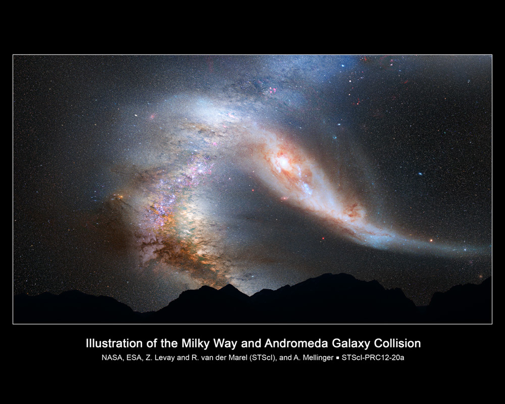 Une vue d'un aspect possible de la voûte céleste dans 4 milliards d'années. Le disque de la Voie lactée apparaîtra comme très déformé ainsi que celui de la galaxie d'Andromède que l'on voit sur la droite. Il y a 10 milliards d'années, une exoterre dans la Voie lactée permettait peut-être déjà d'admirer une telle collision selon la théorie Mond. © Nasa, Esa, Z. Levay and R. van der Marel (STScI), T. Hallas et A. Mellinger