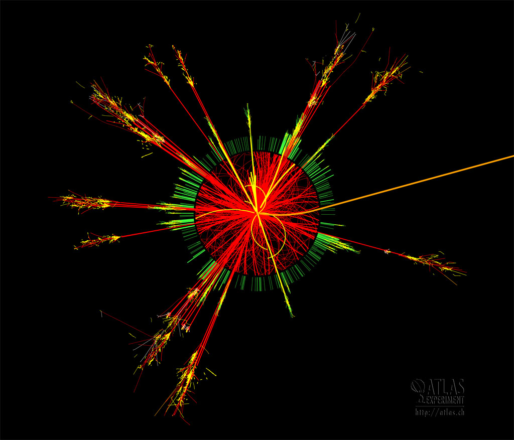 Une simulation de l'évaporation d'un minitrou noir dans le détecteur Atlas du LHC. Elle serait clairement visible parce qu'elle serait notamment accompagnée de jets de hadron dans toutes les directions comme on peut le voir sur l'image. Mais la création de ces objets suppose l'existence d'une nouvelle physique avec des dimensions spatiales supplémentaires. © Cern