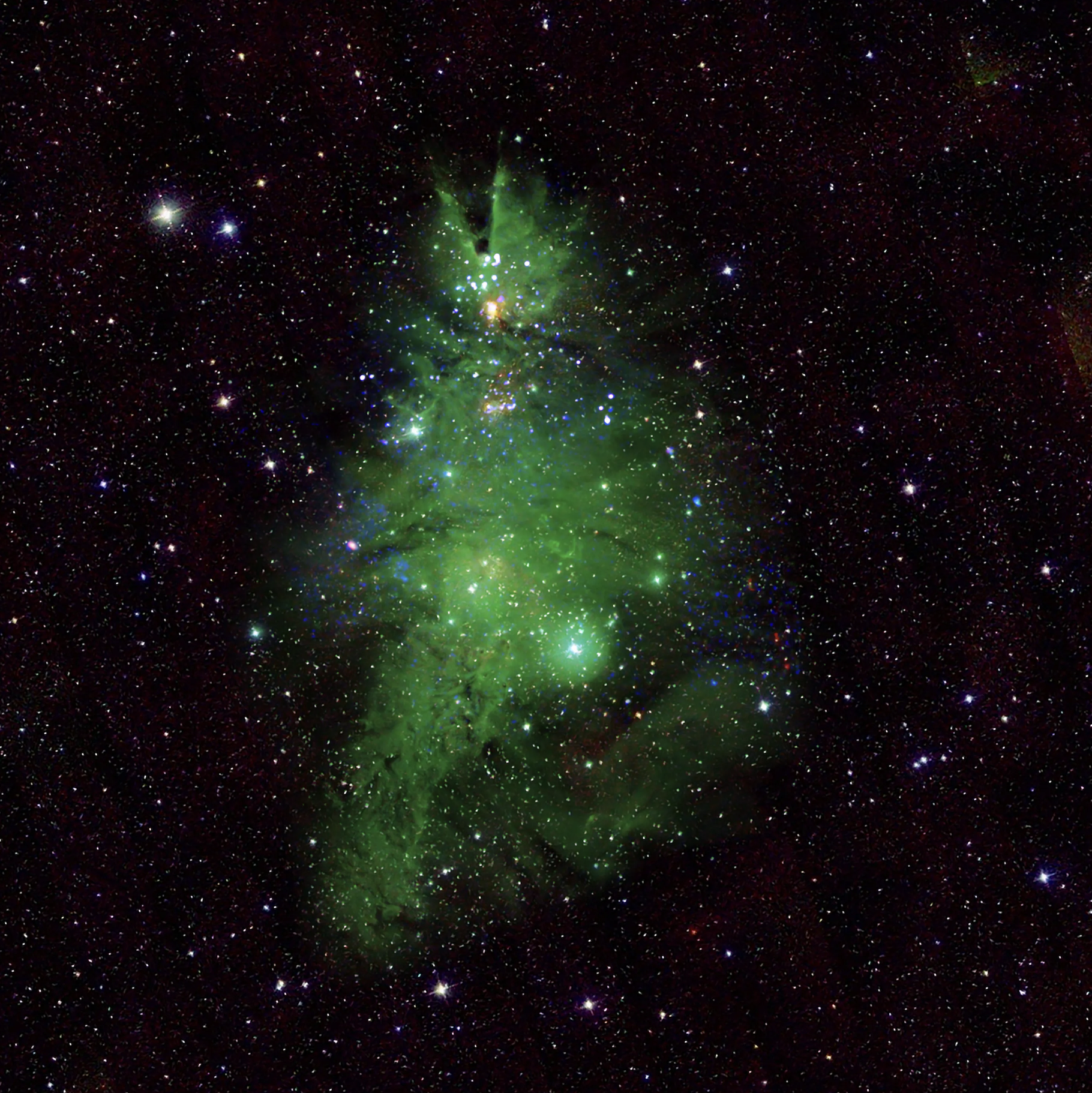 À l’approche de Noël, la Nasa nous offre une vue sur un merveilleux sapin cosmique illuminé. © X-ray : Nasa/CXC/SAO ; Optical : T.A. Rector (NRAO/AUI/NSF and NOIRLab/NSF/AURA) and B.A. Wolpa (NOIRLab/NSF/AURA); Infrared : Nasa/NSF/IPAC/CalTech/Univ. of Massachusetts ; Image Processing : Nasa/CXC/SAO/L. Frattare &amp; J.Major