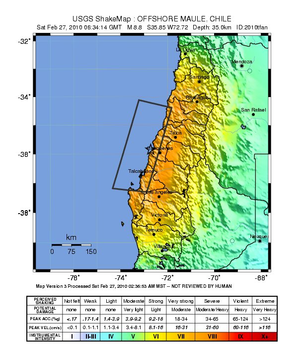 Carte de la répartition de la magnitude des secousses (de 1 à +10, en bas en chiffres romains) au Chili pour  le séisme du 27 février 2010. L'intensité augmente du bleu au rouge. L'activité sismique résulte de la subduction de la plaque lithosphérique Nazca sous l'Amérique du Sud. L'épicentre du séisme est marqué par l'étoile noire. © U.S. Geological Survey