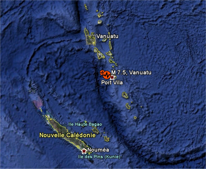 Deux séismes, l'un de 5,3 et l'autre de 7,5 ou 7,6, ont eu lieu ce matin en Mélanésie, aux abords de la Ceinture de feu du Pacifique, juste à côté de l'archipel du Vanuatu (image Google Earth).