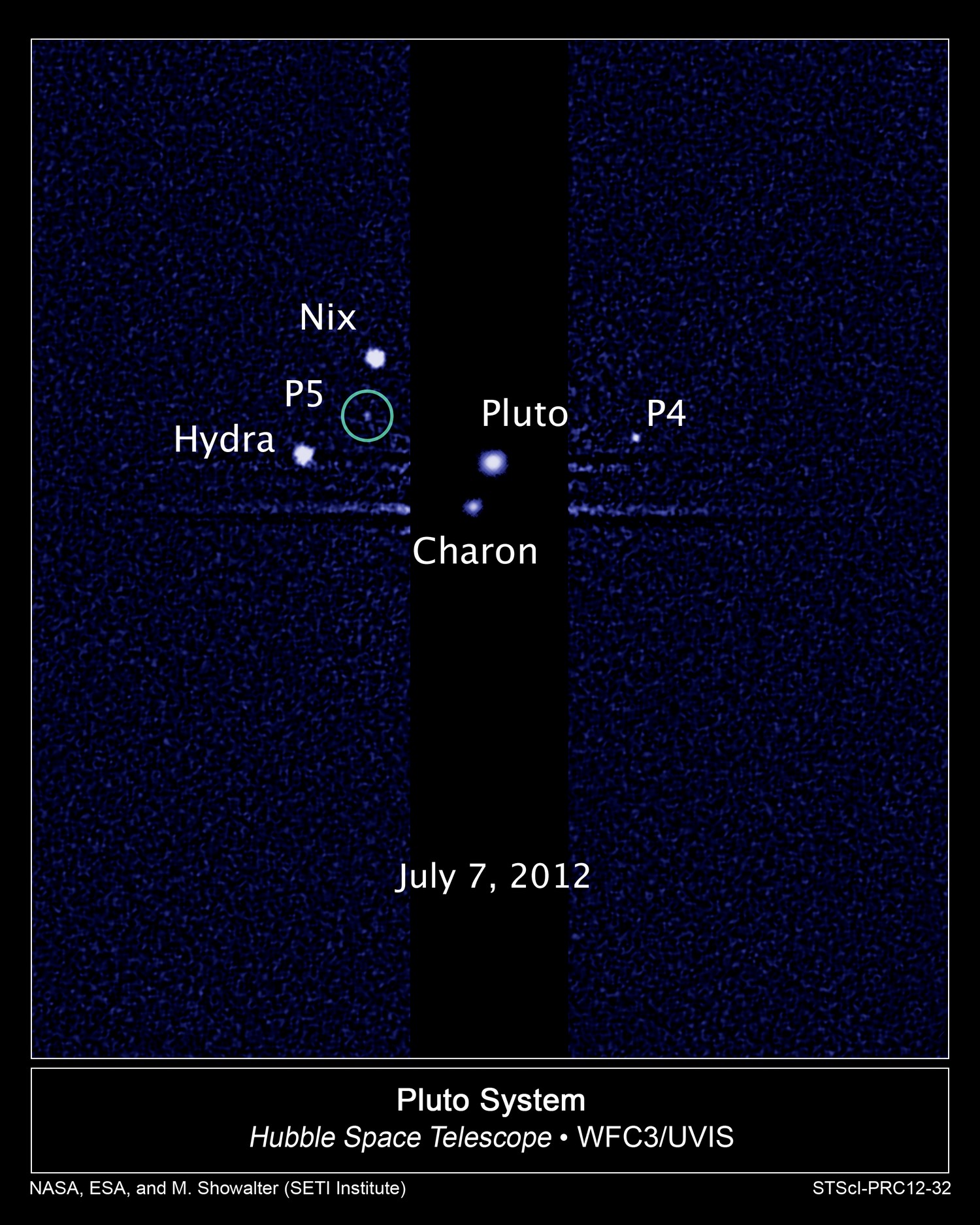 P 5 est le cinquième satellite découvert autour de la lointaine Pluton. © Nasa/Esa/M. Showalter, Seti Institute