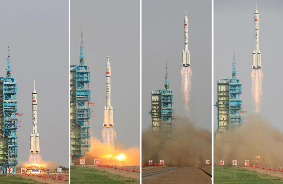 La capsule habitée et son équipage de trois membres ont été lancés par un lanceur&nbsp;Longue Marche 2F samedi 16 juin depuis le Centre de lancement de Jiuquan. Pour la Chine, il s'agit de la première mission de transfert d’équipage et de fret à destination du module Tiangong-1. © Xinhua/Li Gang
