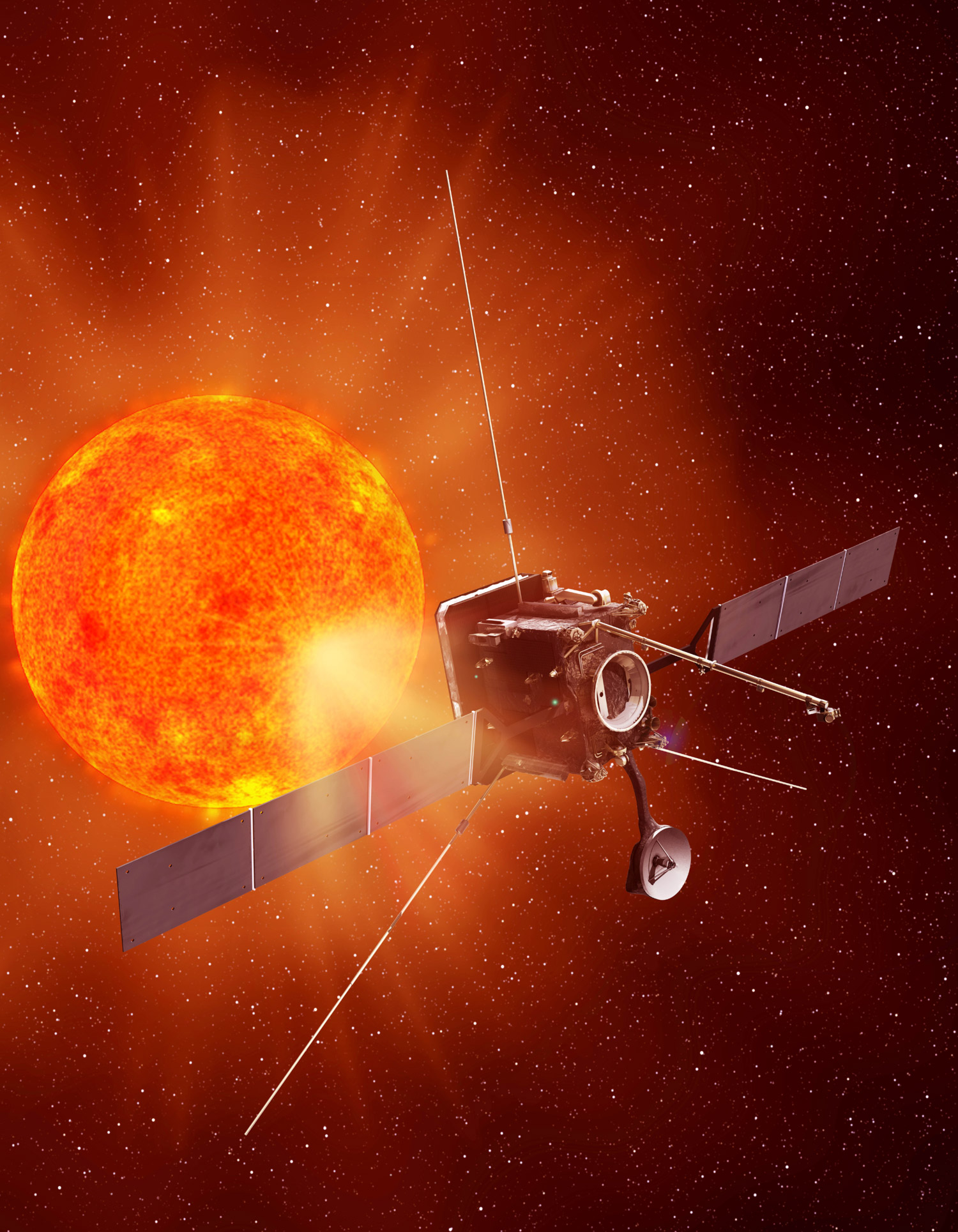 En s'approchant au plus près du Soleil, la sonde Solar Orbiter devrait apporter de nouveaux éclairages sur les interactions du Soleil avec son environnement, ainsi que sur les mécanismes de formation du vent solaire dans lequel les planètes évoluent. © Astrium/Esa