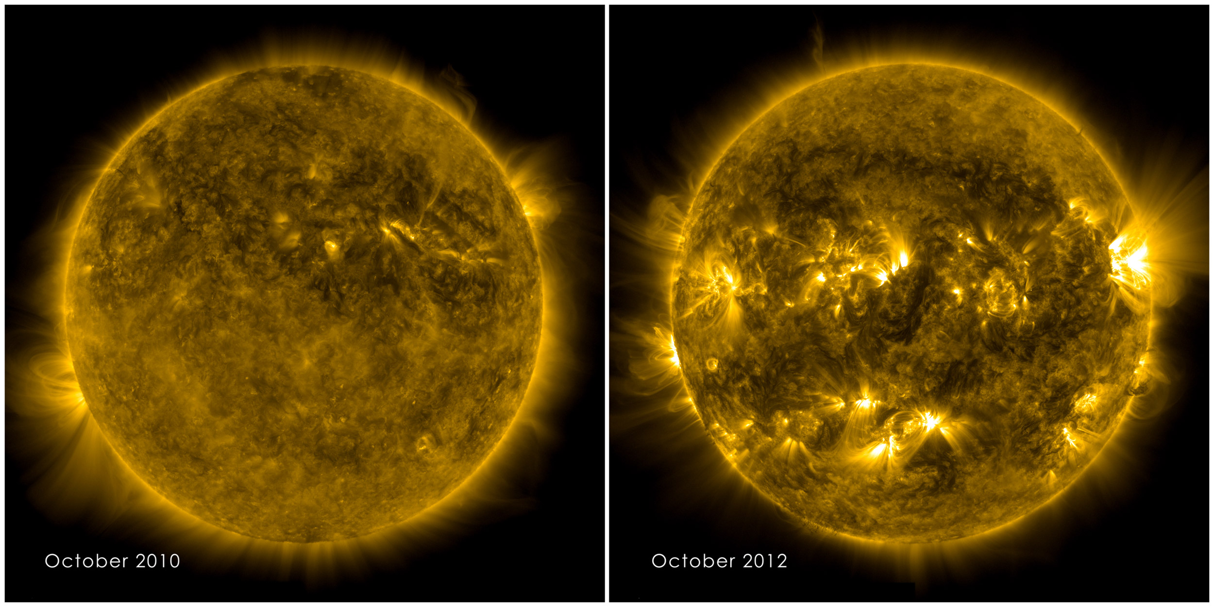 Cette image illustre bien l’activité du Soleil, qui se traduit par une variété de phénomènes qui varient de façon cyclique (11 ans), en fréquence et en intensité. Les taches solaires, bien plus nombreuses sur l’image de droite, en sont l’exemple le plus concret. © Nasa/ SDO Science team