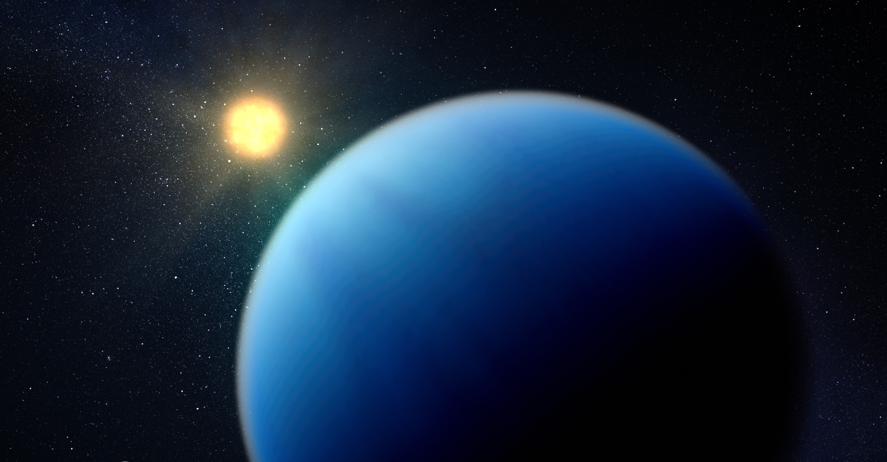 TOI-421 b – ici en vue d’artiste – est une exoplanète en orbite autour d’une étoile semblable au Soleil. Une sous-Neptune dans l’atmosphère de laquelle des astronomes de l’université du Maryland (États-Unis) viennent d’identifier quelques éléments chimiques. Parmi lesquels, beaucoup d’hydrogène. © Nasa, ESA, CSA, Dani Player (STScI)
