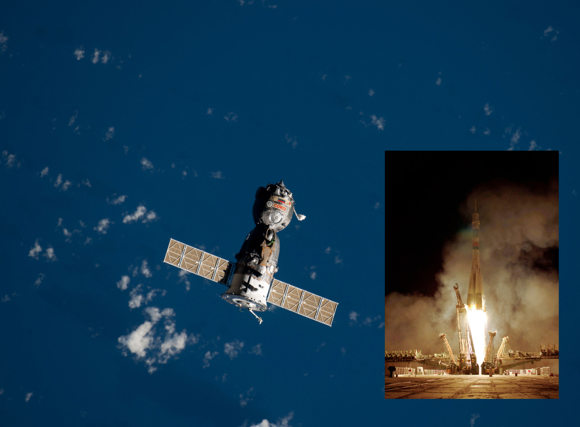 Décollage du lanceur Soyuz modernisé, à destination de la Station spatiale, avec à son bord 3 astronautes. Le véhicule spatial s'est amarré à l'ISS le 10 octobre. © Nasa
