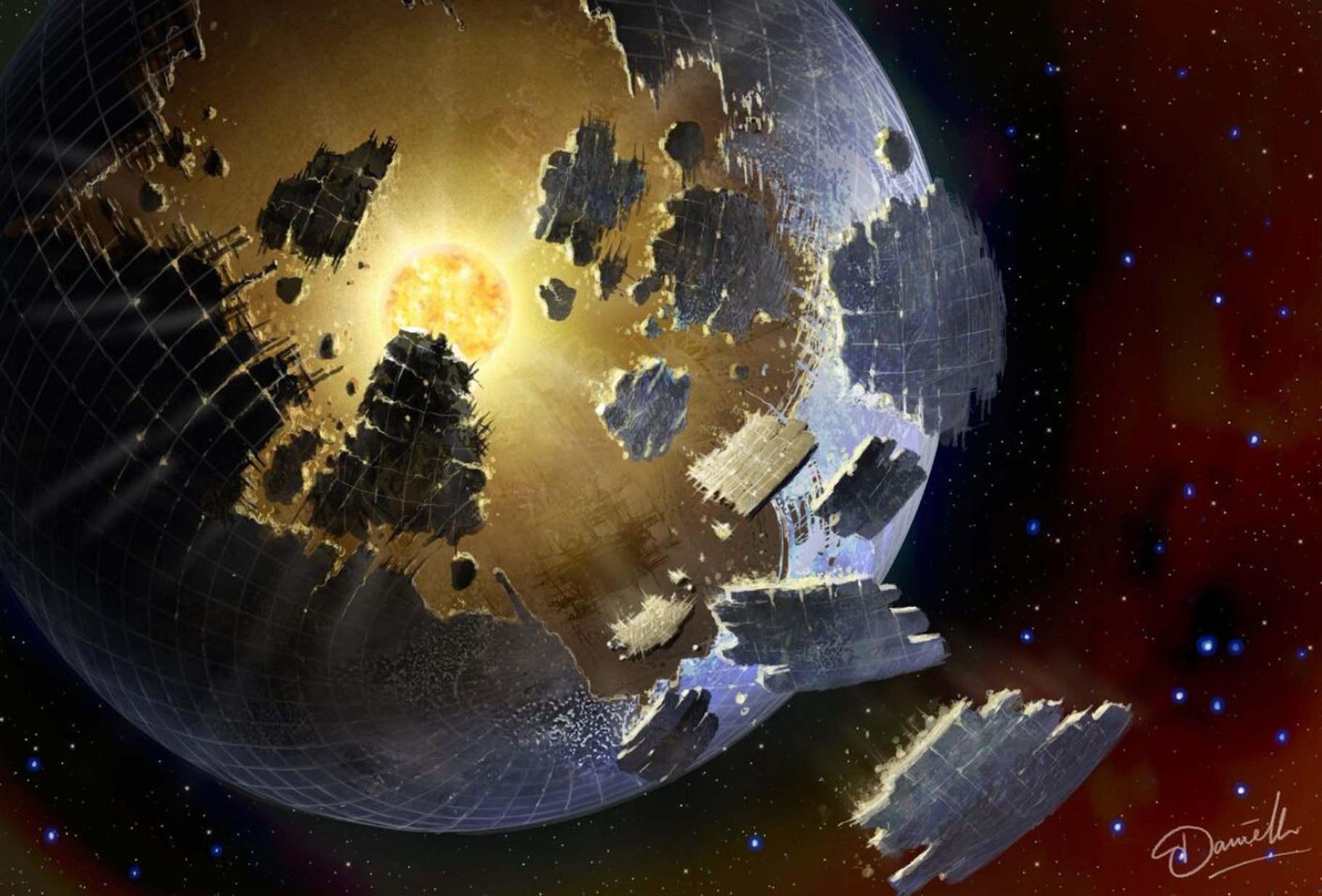 Une vision d'artiste d'une sphère de Dyson en cours de construction (ou en train de se détruire) autour d'une étoile ayant donné naissance à une civilisation technologique gourmande en énergie. © Paul Duffield&nbsp;