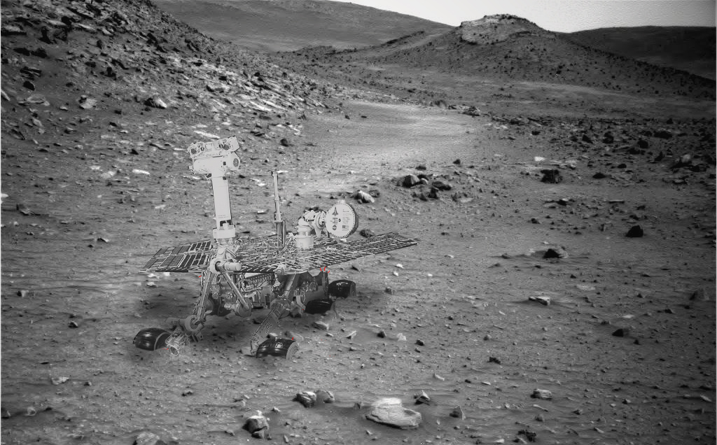 Cette image est un montage qui montre la position dans laquelle doit se trouver le rover Spirit sur Mars depuis janvier 2010. © Nasa/Stu Atkinson