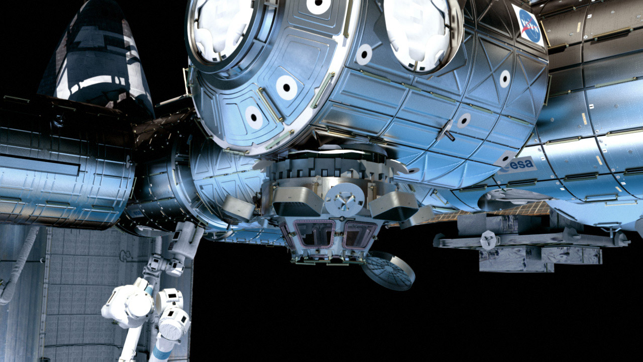 La Station spatiale avec les deux nouveaux modules qui seront intégrés pendant la mission. Crédit Thales Alenia Space
