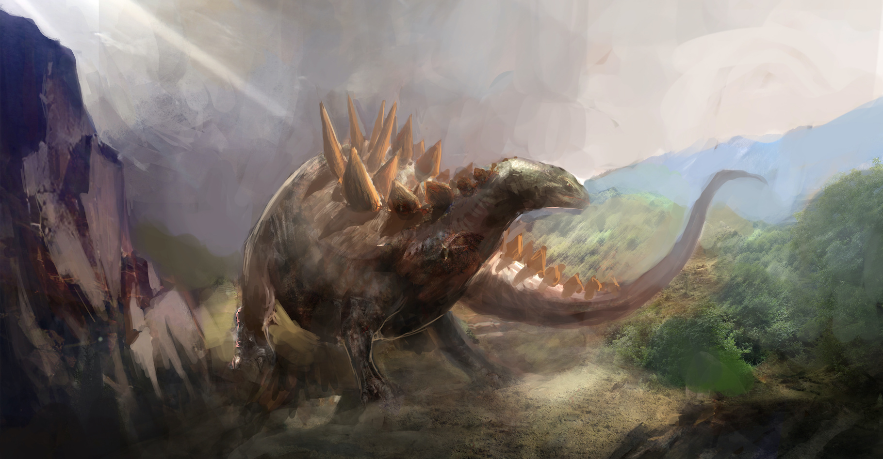 Les stégosaures étaient des dinosaures herbivores de grande taille. Des chercheurs viennent d’en identifier l’empreinte la plus petite jamais découverte. Celle d’un bébé stégosaure pas plus grand qu’un chat. © vukkostic, Adobe Stock