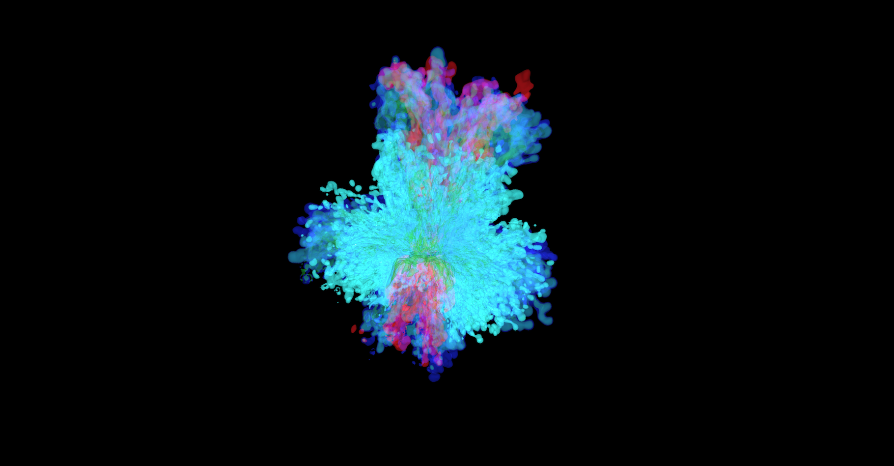 Sur cette image, la simulation des chercheurs de l’université Riken (Japon) qui correspond le mieux aux observations de la supernova SN 1987 A. Elle montre la distribution de la matière éjectée par l’explosion : en rouge, le nickel, en vert, le silicium, en bleu foncé, l’oxygène et en bleu clair, l’hélium. © 2020 Riken Astrophysical Big Bang Laboratory