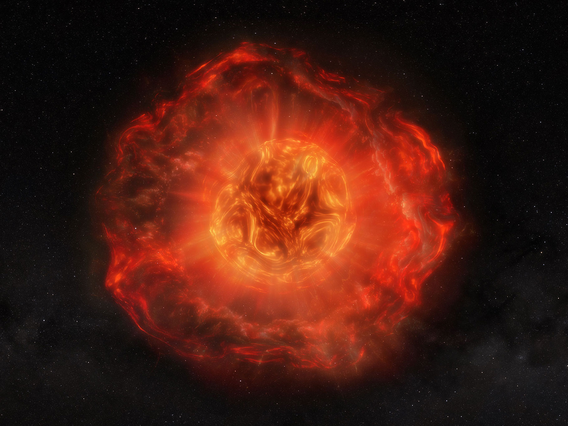 Avant d’exploser en supernova, cette étoile a perdu la masse d’un Soleil, nous apprennent des chercheurs du Centre d’astrophysique de l’université de Harvard et de la Smithsonian Institution (États-Unis). Ici, une vue d’artiste sur le phénomène. © Mélissa Weiss, Centre d’astrophysique de l’université de Harvard et de la Smithsonian Institution