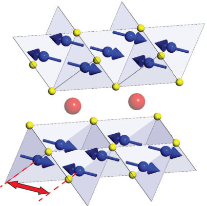 L'arséniure de fer étudié est de formule BaO.6KO.4Fe2As2. Il contient deux couches de tétraèdres de Fe2As2 (en bleu les atomes de fer et en jaune ceux d'arsenic) séparées par des plans contenant des atomes de barium et de potassium (en rouge). Les flèches bleues indiquent la direction de l'aimantation dans le matériau considéré. Crédit Nature