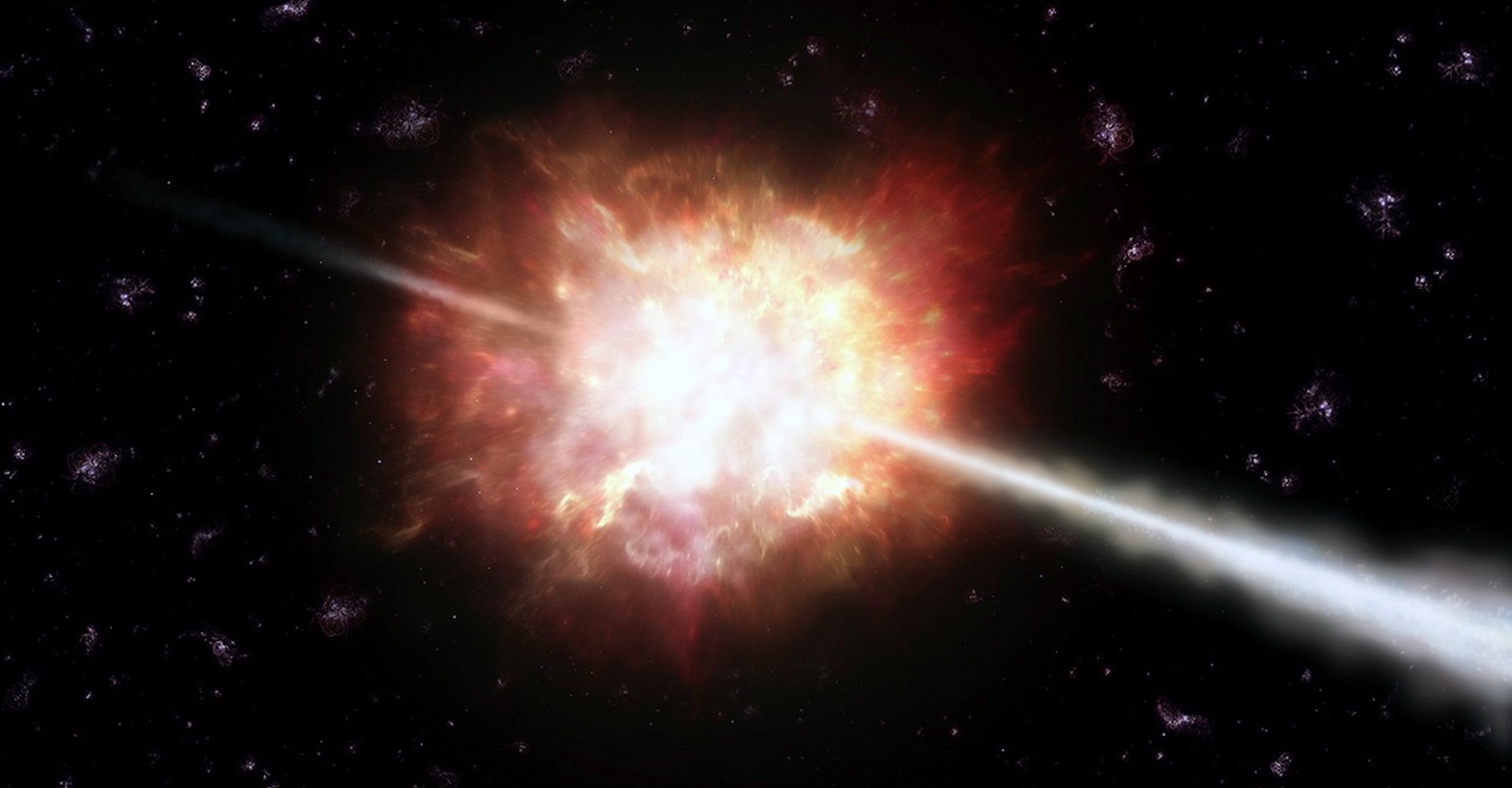 Lorsqu’une étoile massive s’effondre, il se produit ce que les astronomes appellent un sursaut gamma — ici en vue d’artiste. © A. Roquette, ESO