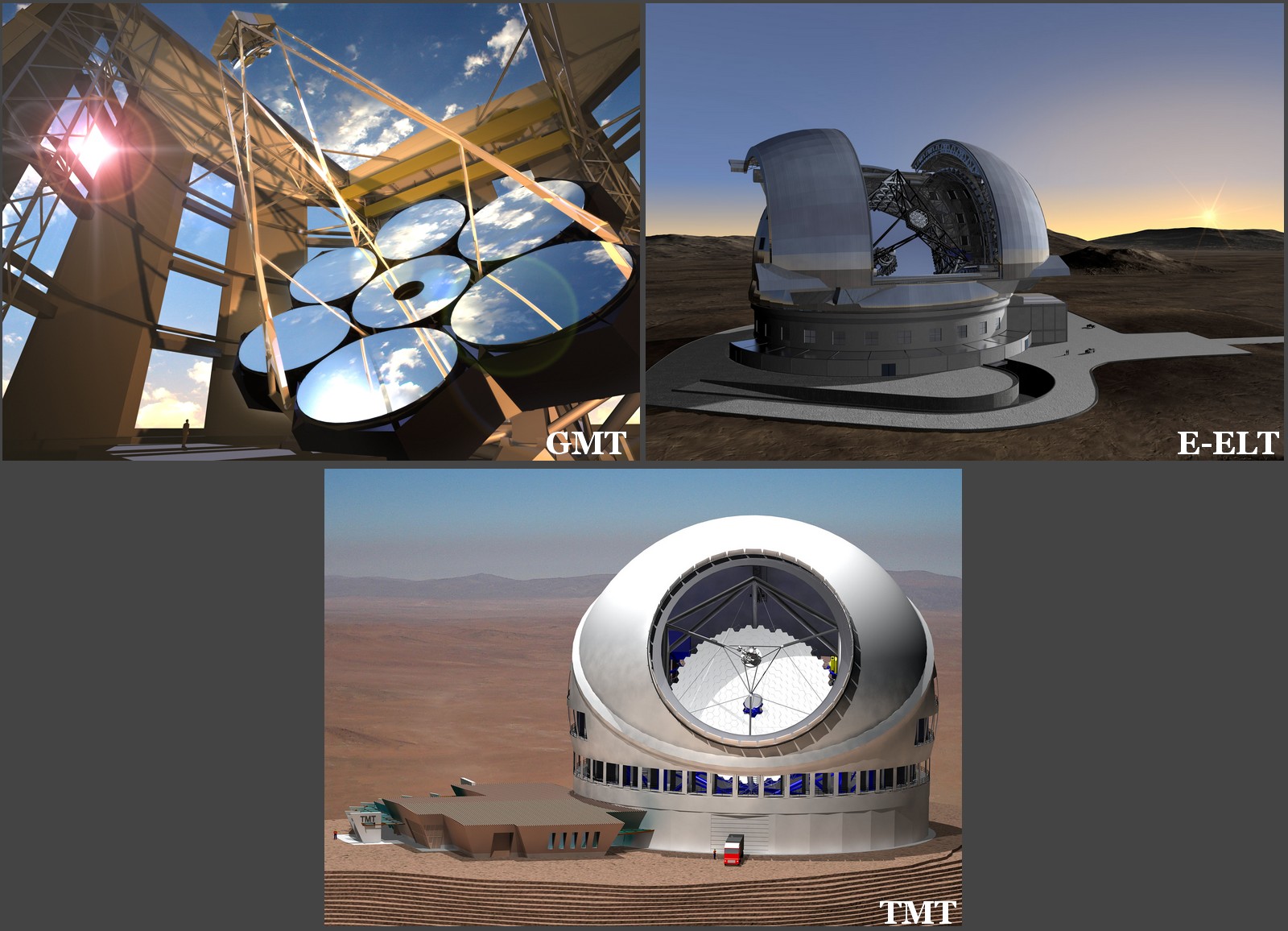 GMT, E-ELT et TMT. Trois projets pharaoniques pour approcher les débuts de l'univers. © GMT/ESO/TMT