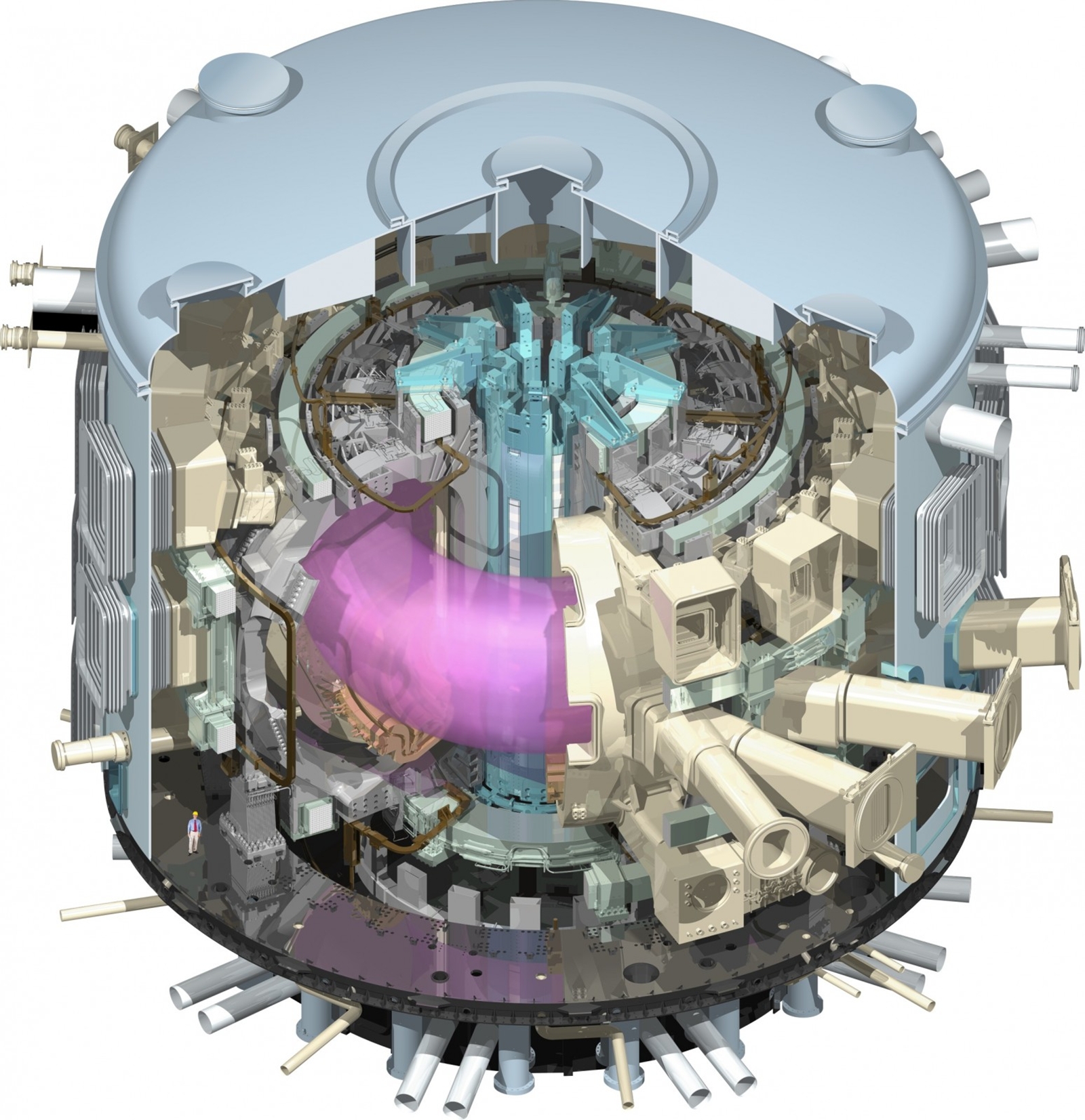 Une coupe du réacteur Iter en fonctionnement avec le plasma chauffé en violet. Crédit : www.iter.org