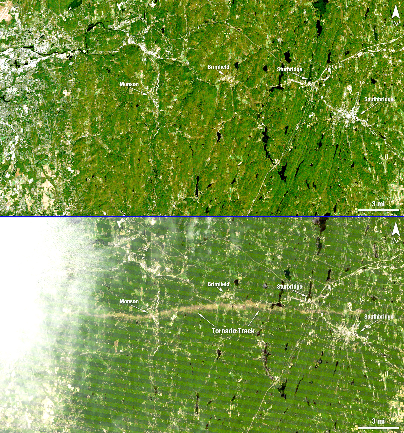 Ces deux images de la même région ont été acquises par le satellite Landsat 5 de la Nasa et du Service d'études géologiques (USGS). Elles permettent de se rendre compte de la trace au sol laissée par la tornade et des dégâts qu'elle a occasionnés. © Nasa/USGS 