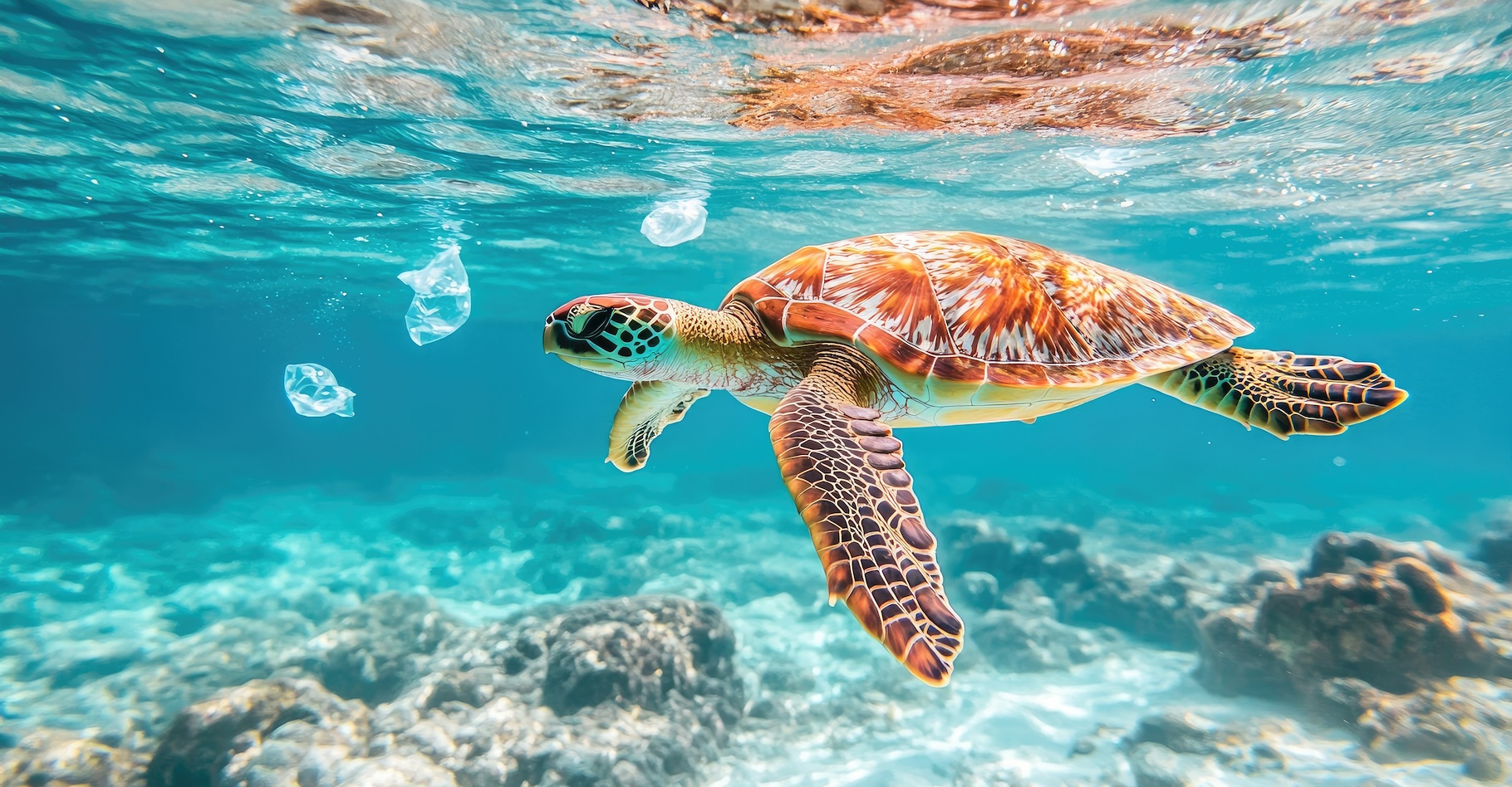 Des chercheurs estiment aujourd’hui que chaque tortue verte femelle de la planète pourrait cacher l’équivalent en poids de dix balles de ping-pong de déchets plastiques. © savittree, Adobe Stock