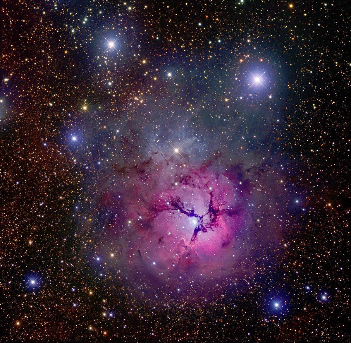 Messier 20, alias nébuleuse Trifide, révèle la délicatesse de ses pétales grâce à des clichés réalisés par R. Hannahoe en Australie, assemblés et traités par Robert Gendler. Crédit R. Gendler
