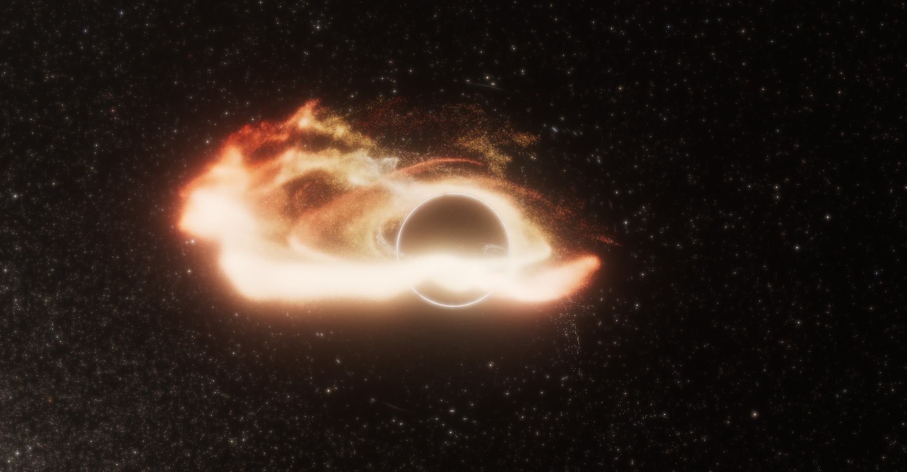Des chercheurs de l’université de Californie à Berkeley (États-Unis) ont découvert un trou noir supermassif qui ne se trouve pas au cœur d’une galaxie. Sa présence a été dévoilée lorsqu’il s’est attaqué à une étoile. Ici, une vie d’artiste des restes, justement, de l’étoile spaghettifiée qui forment un disque autour du trou noir. © Nasa, ESA, STScI, Ralf Crawford (STScI)