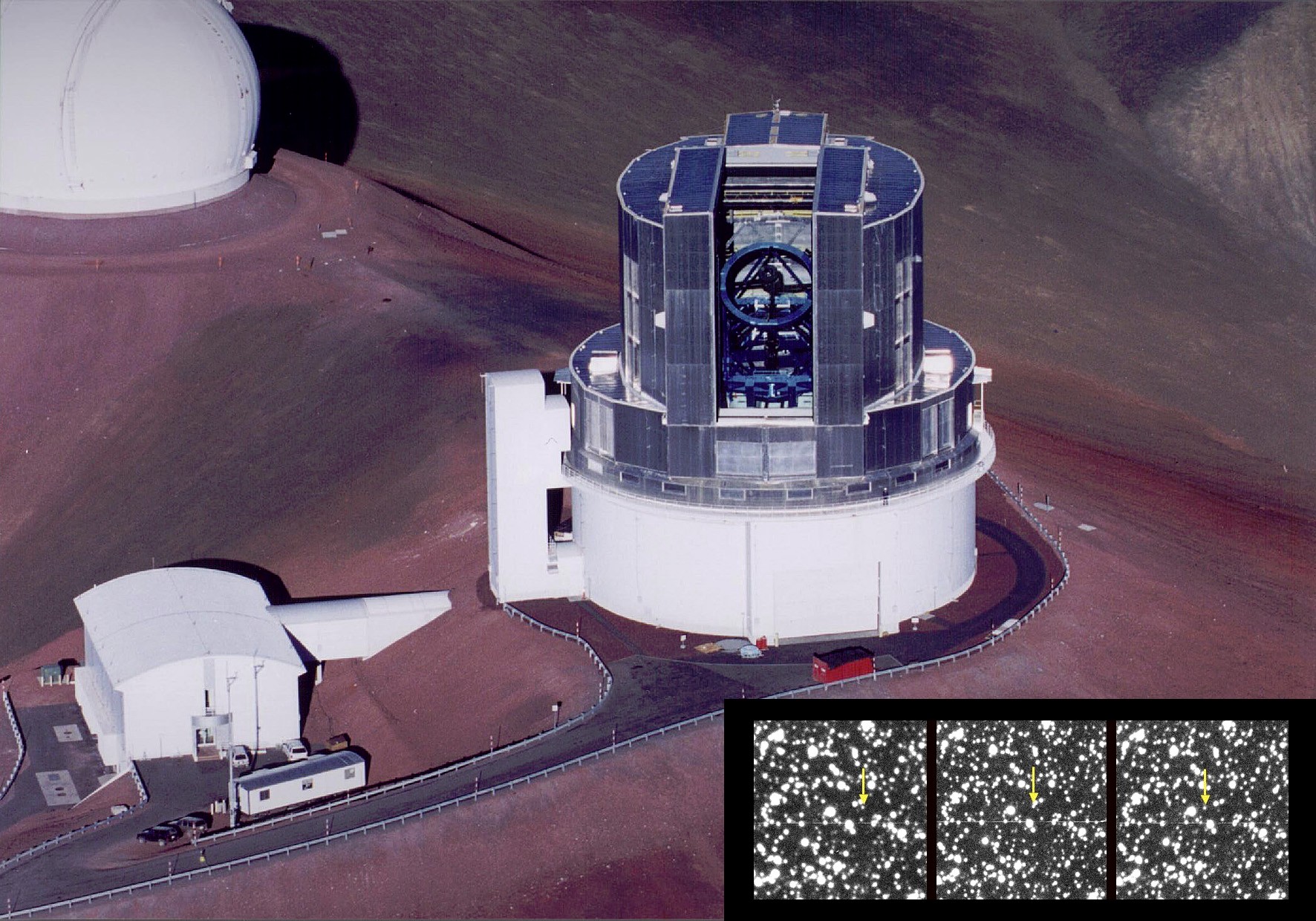 Le télescope japonais Subaru de 8,2 mètres de diamètre installé à Hawaï (crédit Subaru Telescope). En médaillon trois images du déplacement du nouvel astéroïde troyen découvert autour de Neptune (crédit S. Sheppard).
