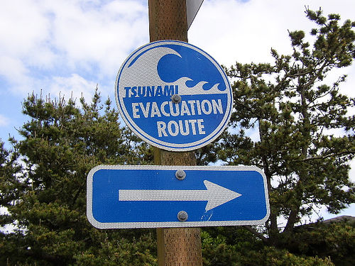 Des signaux comportant une grande vague et une flèche indiquent la voie vers la route d'évacuation. Ils signalent la voie la plus courte pour se diriger vers un terrain plus élevé si le niveau de la mer baisse après un tremblement de terre – un des signes distinctifs d’un possible tsunami. Crédits DR.