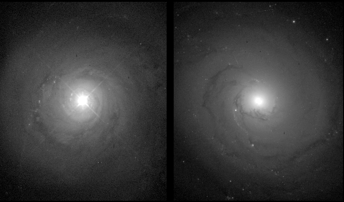 Sur ces images prises avec Hubble, on voit à gauche une galaxie de Seyfert de type 1, NGC 5548. Sur la droite, la galaxie NGC 3277 est une spirale classique, dont on remarque le noyau moins brillant. © Nasa