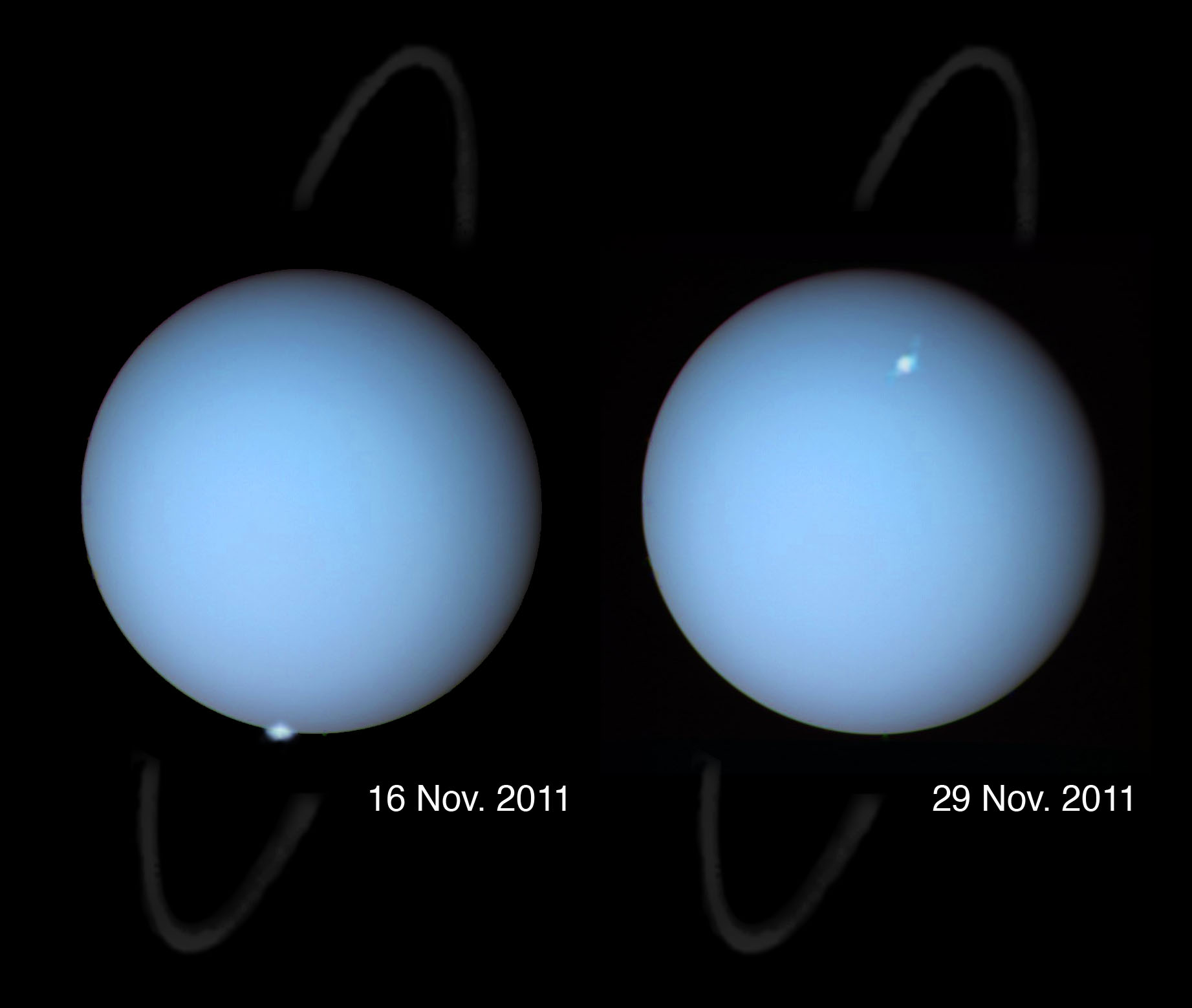En novembre 2011 le télescope spatial Hubble a photographié des aurores sur Uranus, un phénomène que seule la sonde Voyager 2 avait pu enregistrer il y a 26 ans. © Nasa/Observatoire de Paris/Laurent Lamy