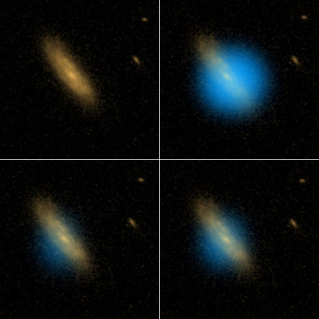 En bleu, le flash ultraviolet enregistré par Galex.En rouge les images prises par Hubble de la galaxie hôte de SNLS-04D2dc. Crédit : Nasa/HST/Cosmos/Galex