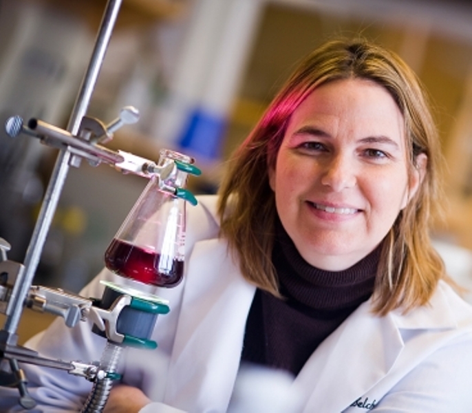 Angela Belcher devant le liquide contenant l'association de virus M13, de porphyrines et d'oxyde d'iridum capable de libérer de l'oxygène à partir de la lumière du soleil. Crédit : MIT-Dominick Reuter