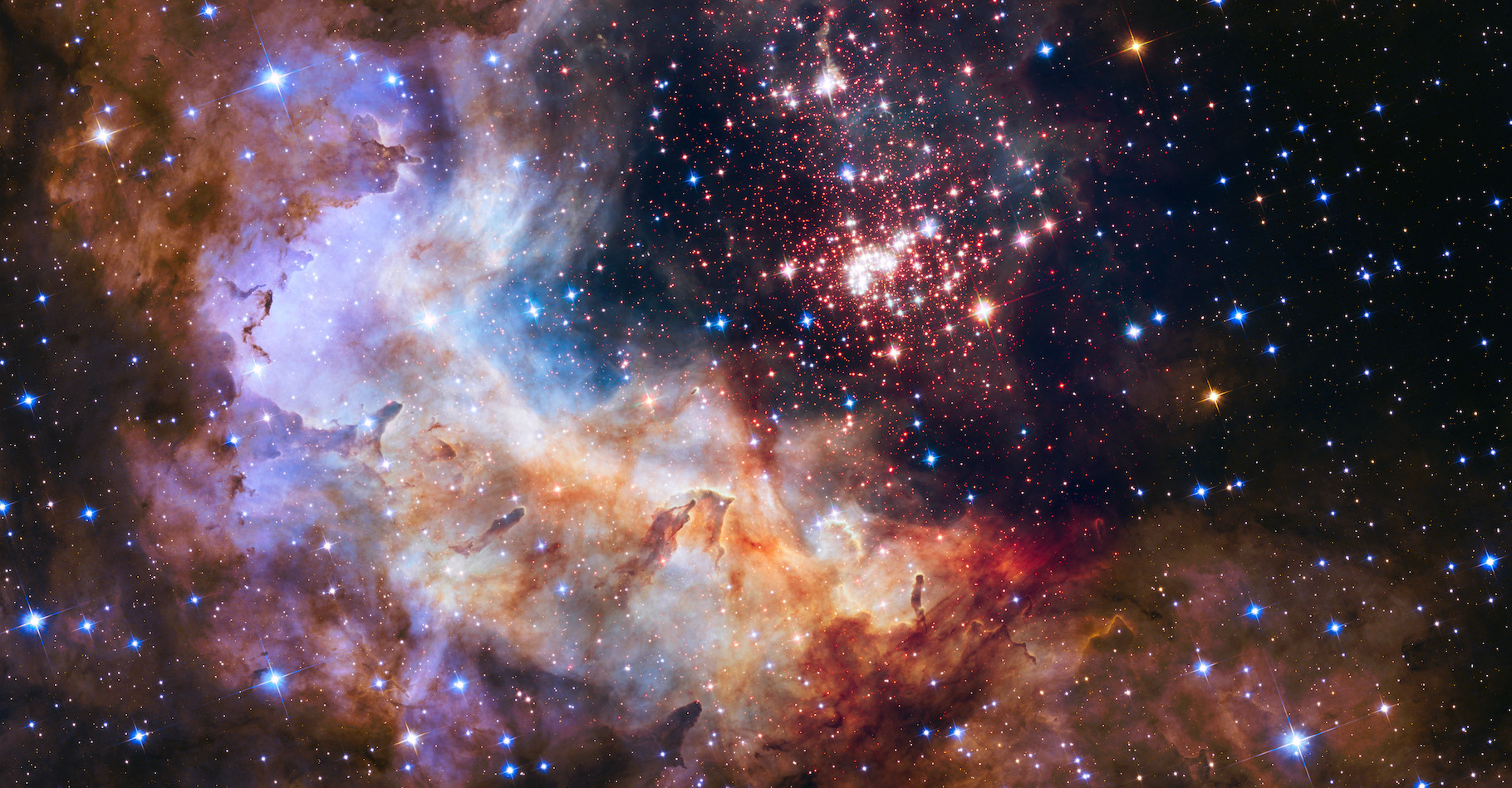 L’amas stellaire Westerlund 2 a été étudié par des astronomes grâce à des images prises par le télescope spatial Hubble. De quoi découvrir à quel point la présence d’étoiles massives dans une région peut perturber l’environnement des autres étoiles. © The Hubble Heritage Team (STScI/AURA), A. Nota (ESA/STScI), and the Westerlund 2 Science Team, Nasa, ESA