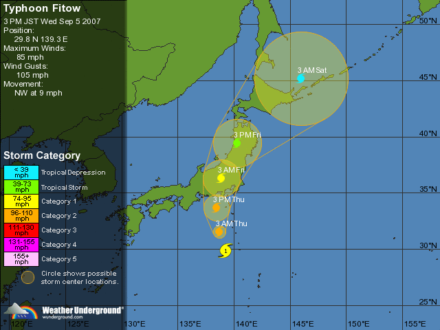 Les prévisions pour Fitow. Après son passage sur le Japon il devrait redevenir une simple tempête tropicale.