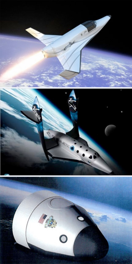 La première génération d'avions spatiaux susceptibles de voir le jour. De haut en bas, le Lynx I, le SpaceShipTwo et le New Shepard de Blue Origin. © Droits réservés