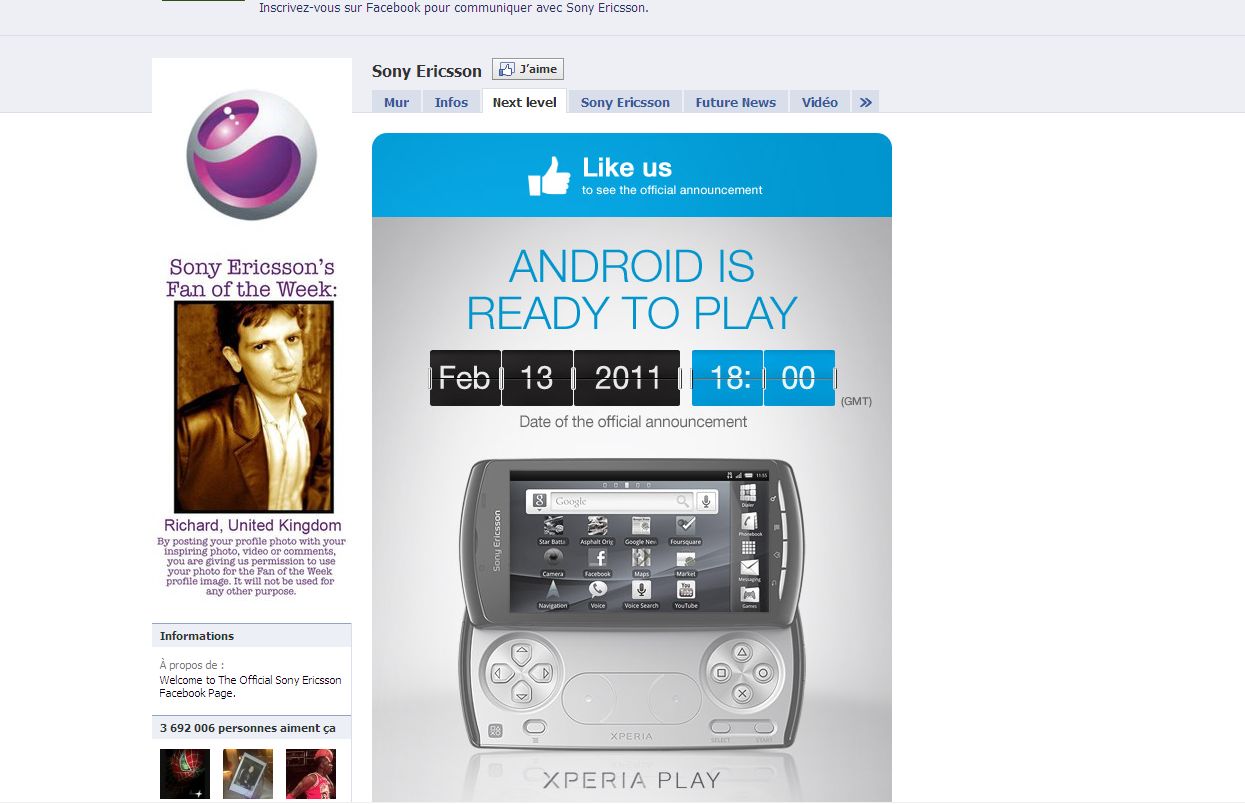Sur Facebook, Sony Ericsson annonce la présentation de XPeria Play pour le 13 février prochain. © www.facebook.com/sonyericsson